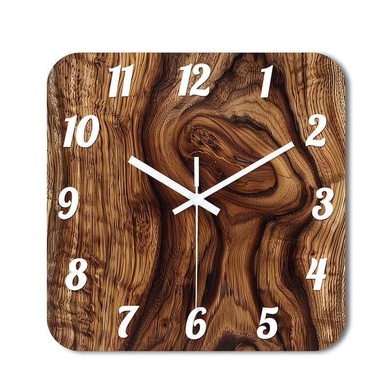 TEMU 1pc Of A Two-dimensional Flat Wall Clock That Tick, Featuring A Decorative Square Design Made Of Wood With Grain And Spiral Knot Pattern,