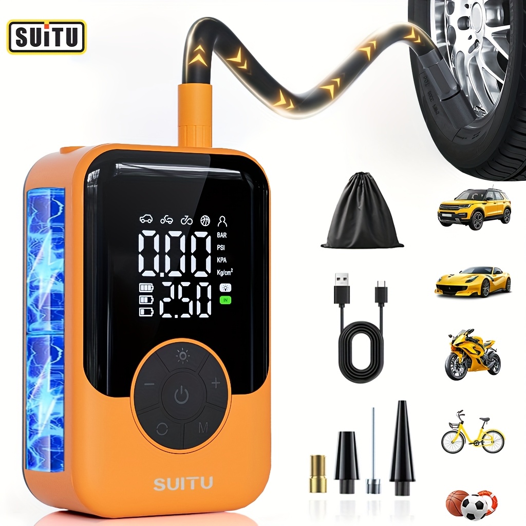 E-shop Suitsu Akku-Reifenfüller, tragbarer Hand-Luftkompressor mit hoher Leistung, mit Notfall-LED-Licht, USB-aufladbarer Lithiumbatterie und