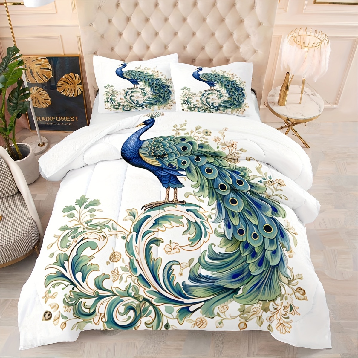 

Green Gorgeous Peacock Quilt, 1 Beautiful Quilt And 2 Pillowcases, For Bedroom Bed Decor.