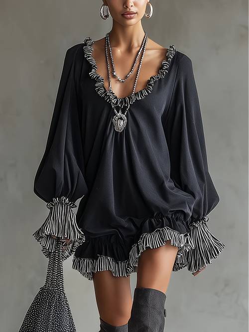v neck dress striped ruffle loose