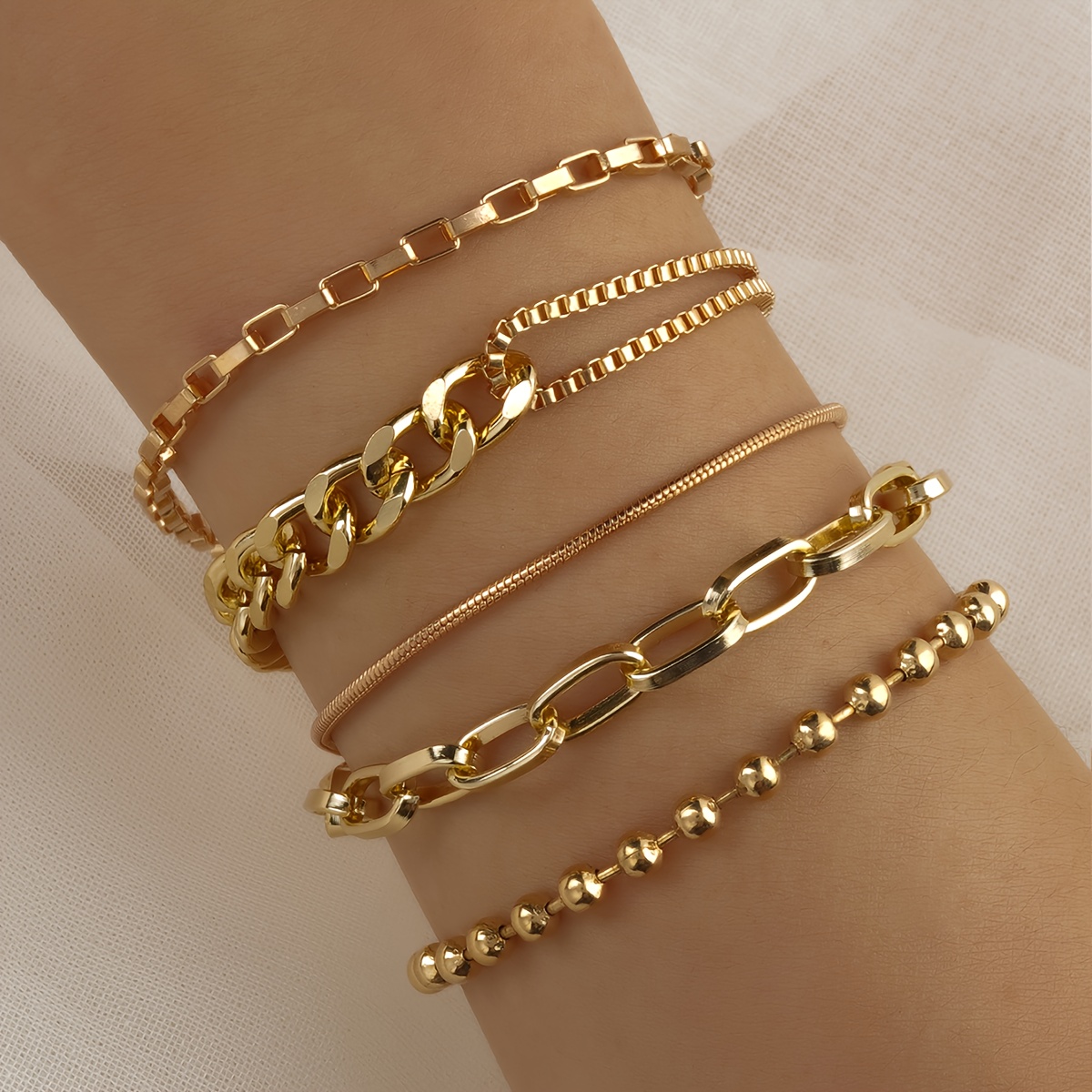 TEMU 5pcs Retro Hip Hop Trendy Fashion Metal Geometric Bead Chain Snake Bone Chain Stacked Bracelet Set Suitable For Women' Festivals And Gifts-gifts