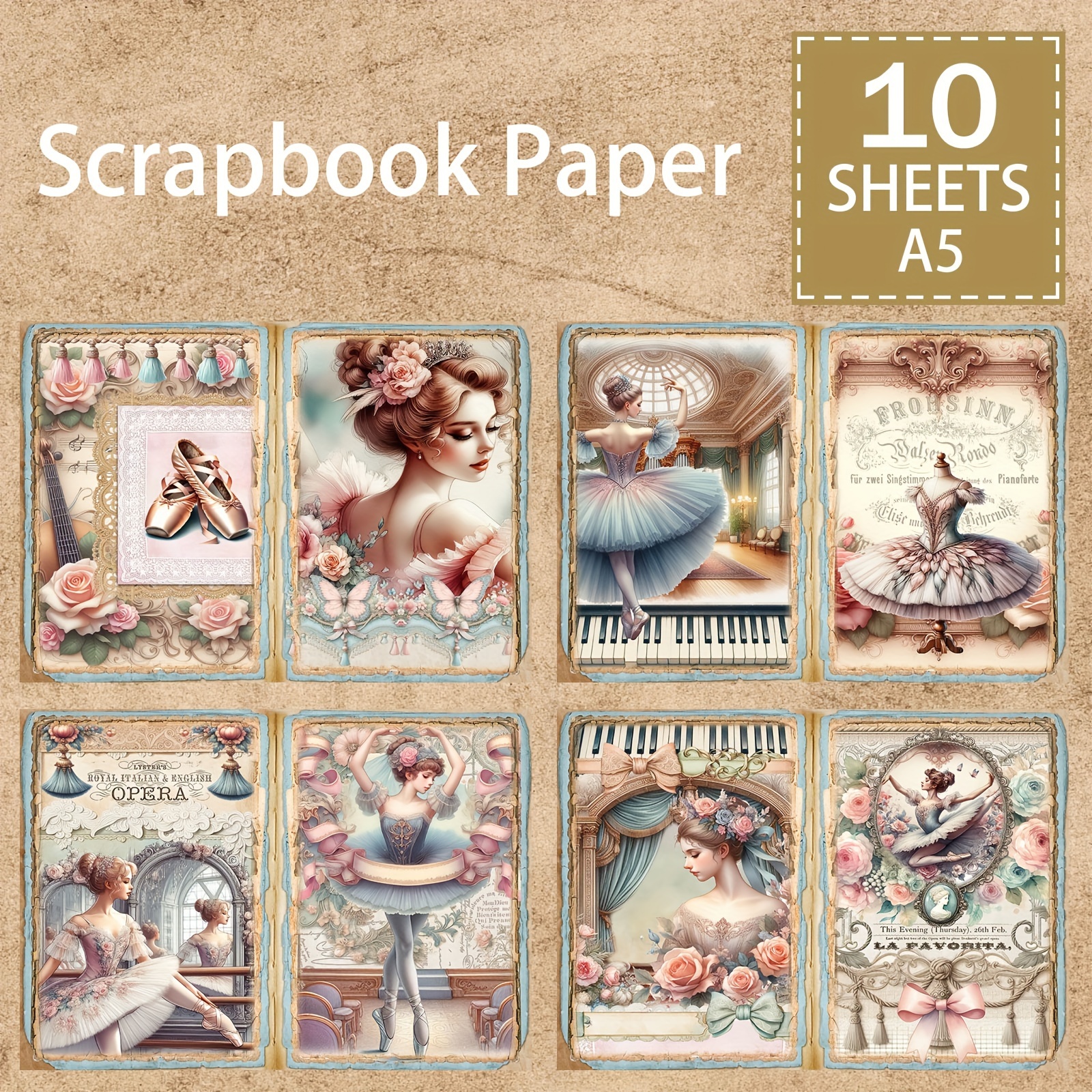 

10-piece A5 Ballet Dancer Scrapbook Paper Set - Vintage Mirror & Stage Curtain Designs For Diy Journals, Greeting Cards, And Planner Backgrounds