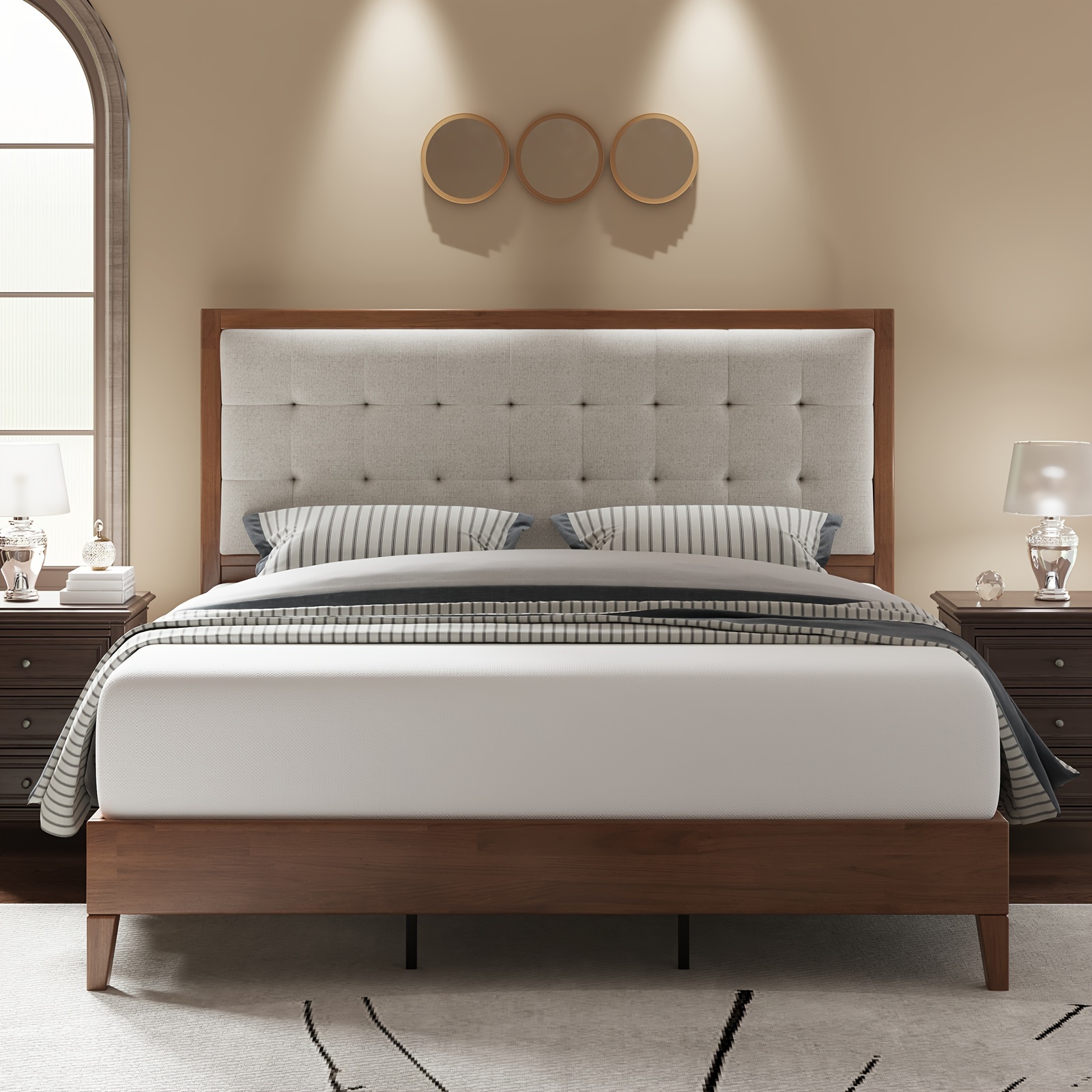 TEMU Papajet Mid-century Modern Solid Wood Bed With Tufted Upholstered Headboard - Linen Fabric, Hardwood Construction, Spring Needed, Elegant Design For Contemporary Bedrooms, Bedroom Decor