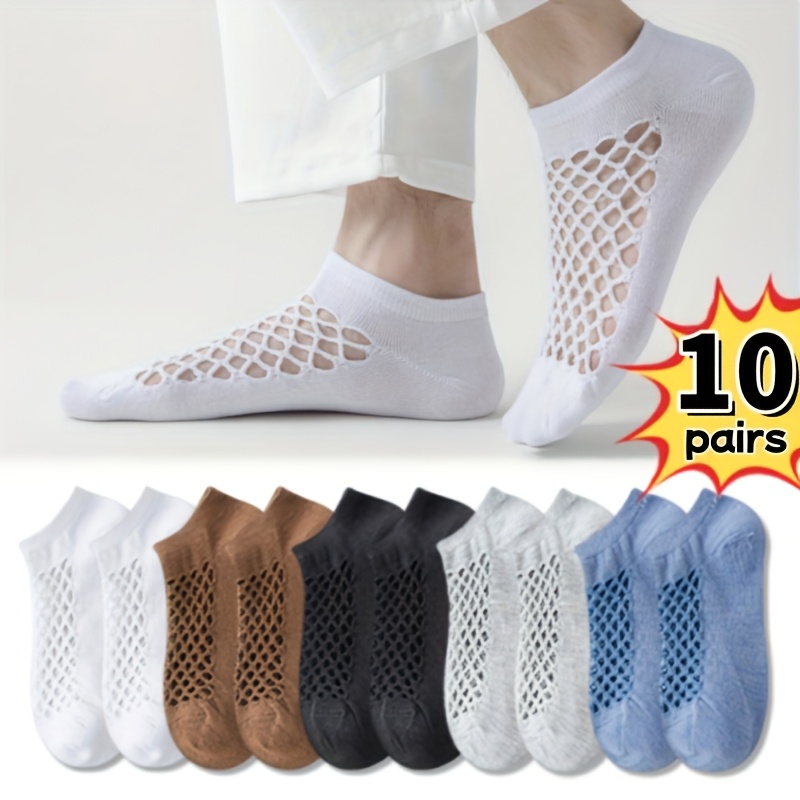 Image of 10 Pairs Of Men's Summer Breathable Boat Socks, Thin And Casual, Featuring A Solid Color And Perforated Mesh Design For And During Sports