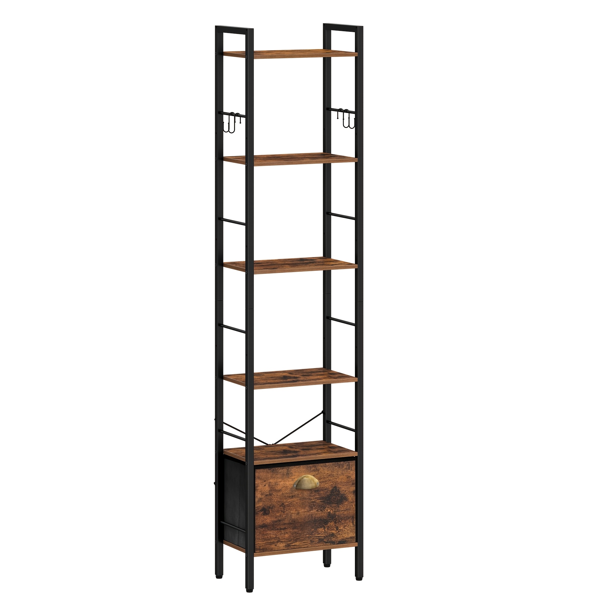 TEMU Bookcase, 6 Vertical Shelves With 1 Folding Fabric Drawer And 4 Hooks, Open Shelves, Metal Frame, For Study Room, Living Room, Bedroom, Kitchen,