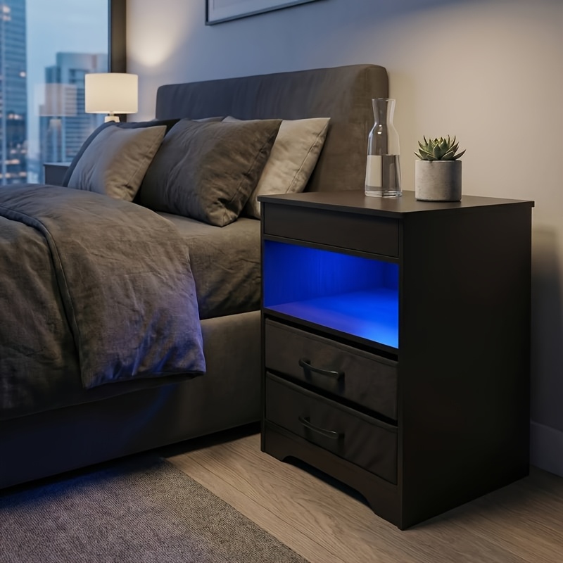 TEMU Modern Bedside Table With Hidden Led, Charging Station, And 2-layer Fabric Drawers, 16-color Dimmable Bedside Table, Bedroom Open Partition ()