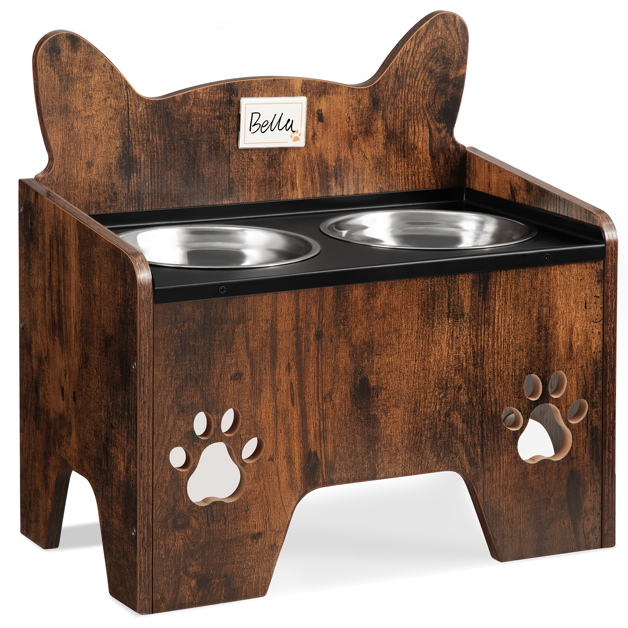 Image of Raised Pet Feeding Station, Includes 2 Stainless Steel Bowls, Spill-resistant Design, Ideal For Dogs Of All Sizes, In Brown And Gray