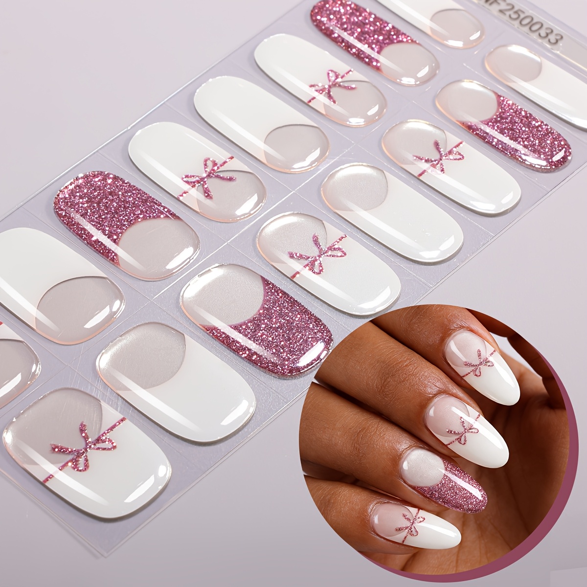 Image of 16 Tips French Semi Cured Gel Nail Strips, Nude Bow Glitter Self-adhesive Gel Nail Full Wraps, , Easy To Manicure, Suitable For Women's Dating/banquet/party Nail Supplies Nail Stickers