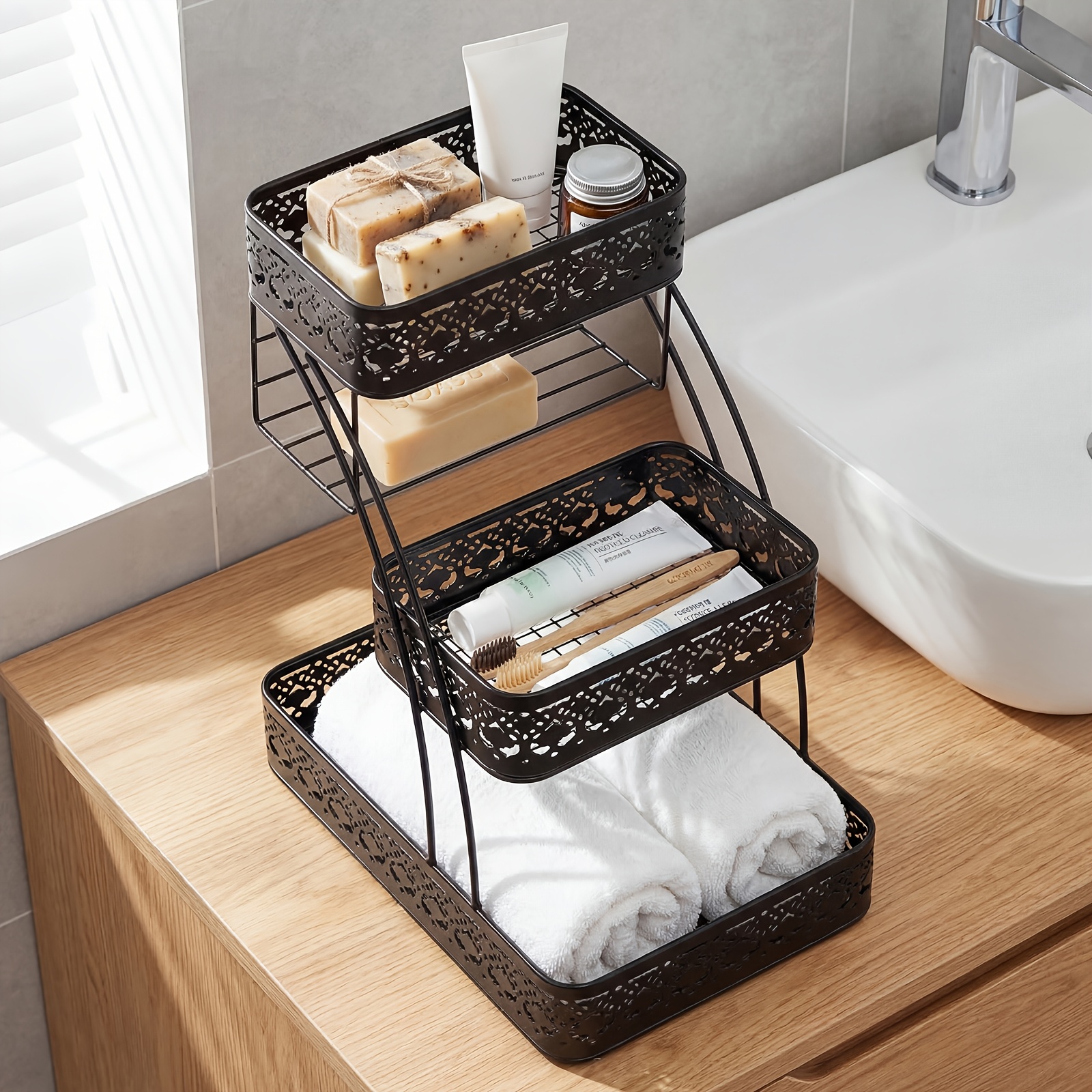 Desktop Storage Basket, Lace-trimmed Large Basket, Super Practical 2-in-1 Use, Ideal For Kitchen & Dresser, Simple Stylish Organizer Basket, Suitable For Skincare Products, Toiletries, Standing Shelf
