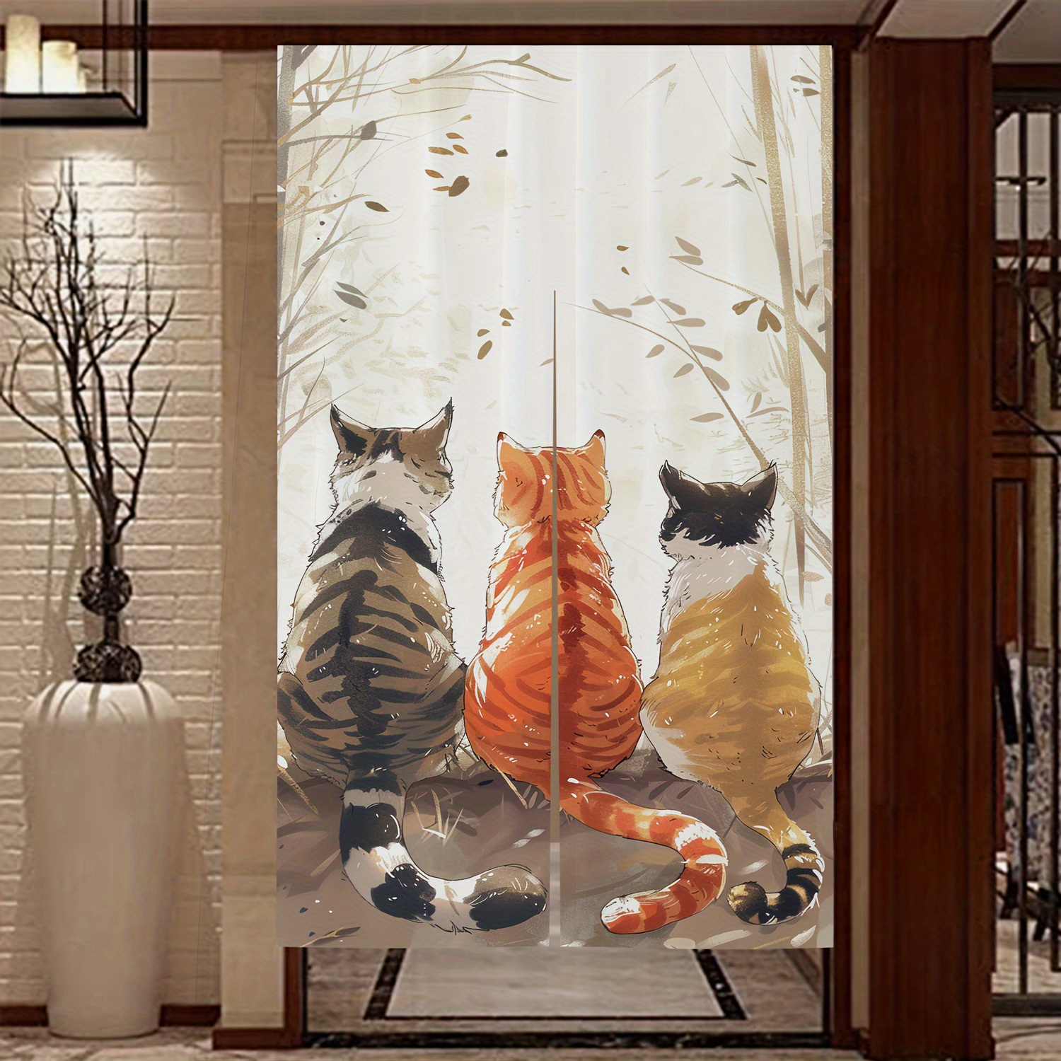 

3 Cats Back View Pattern Door Curtain, Living Room Bedroom Decorative Curtain, Partition Curtain Half Curtain, Punch-free Door Curtain