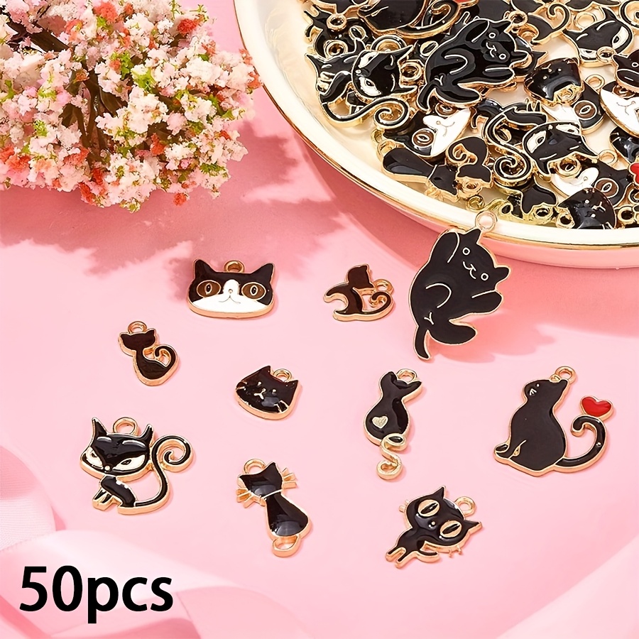 TEMU 50pcs Of Assorted Black Resin Alloy Cat Pendants, Enamel Animal Charms Suitable For Cute Tags, Bracelet, Necklace, And Keychain Crafting