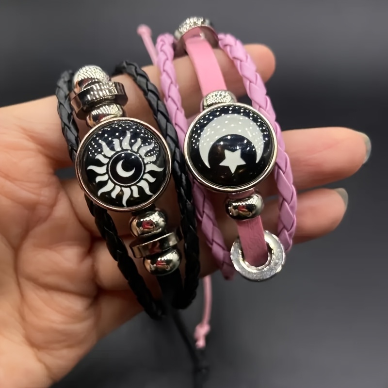 2pcs/set Of Glowing Stylish Hand-woven Couple Sun, Moon And Star Bracelets For Combination Fluorescent Jewelry Gifts For Festival/teachers' Day/back To Season