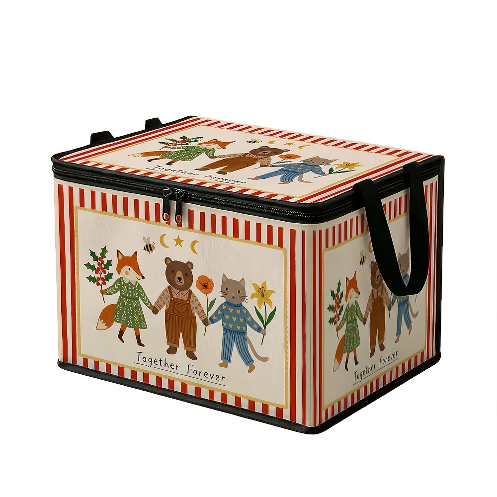 TEMU 1pc Folk Animal Character Storage Basket, Multicolor Beige Frame -release Zipper And Foldable Lid, Ideal For Organizing Blankets, Suitable For