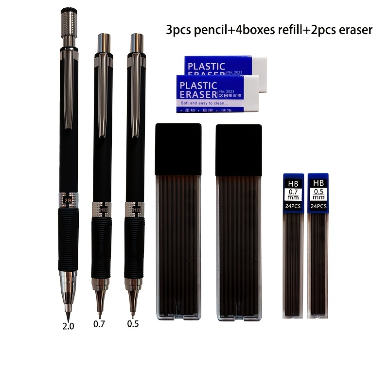 TEMU 3pcs Porte- mécaniques (0.5, 0.7, 2.0Mm), 4 Boîtes de noires avec 2 gommes. Outils de dessin et de peinture. Cadeau pour étudiants en art