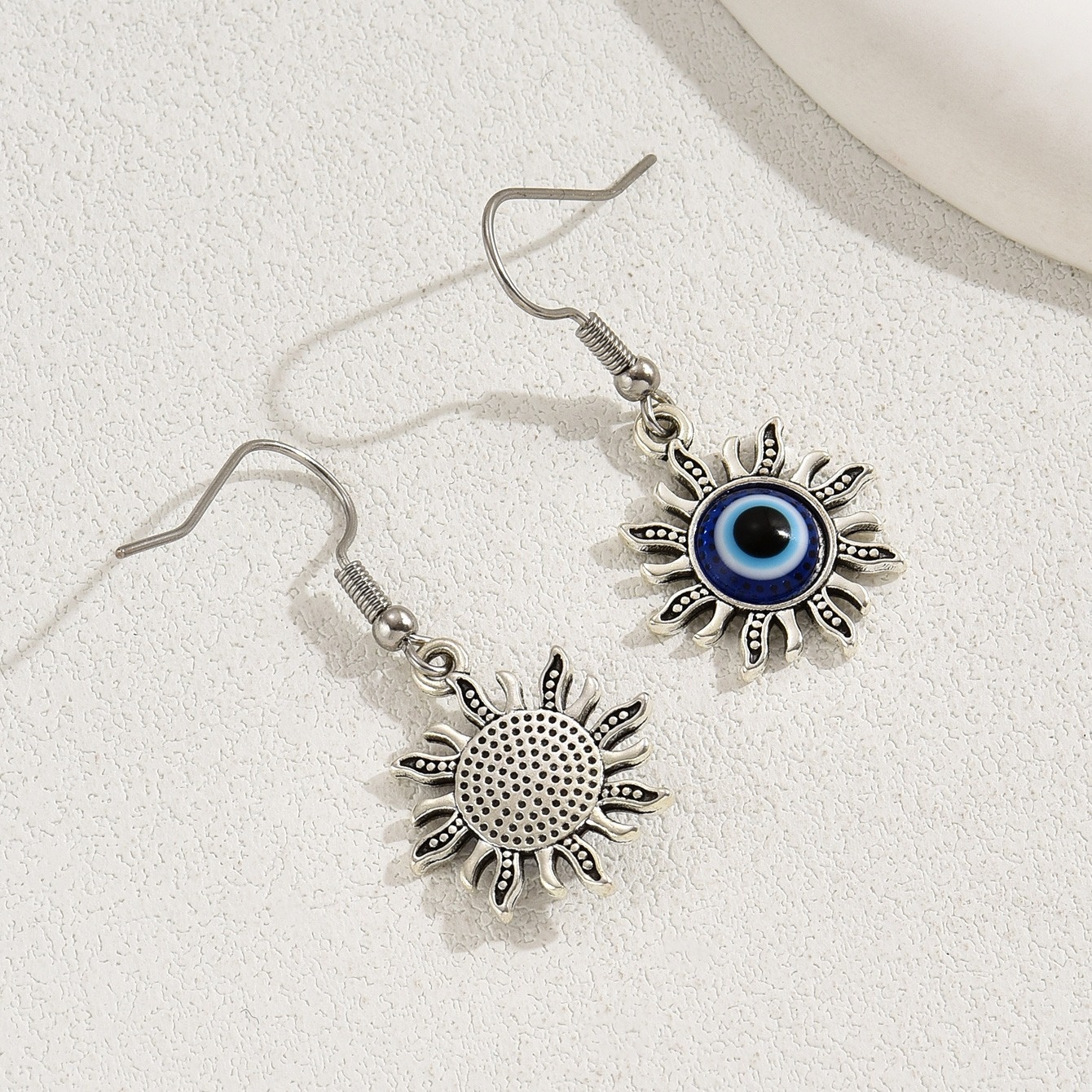 Minimalist Sun Pendant Earrings with Evil Eye Inlay for Women