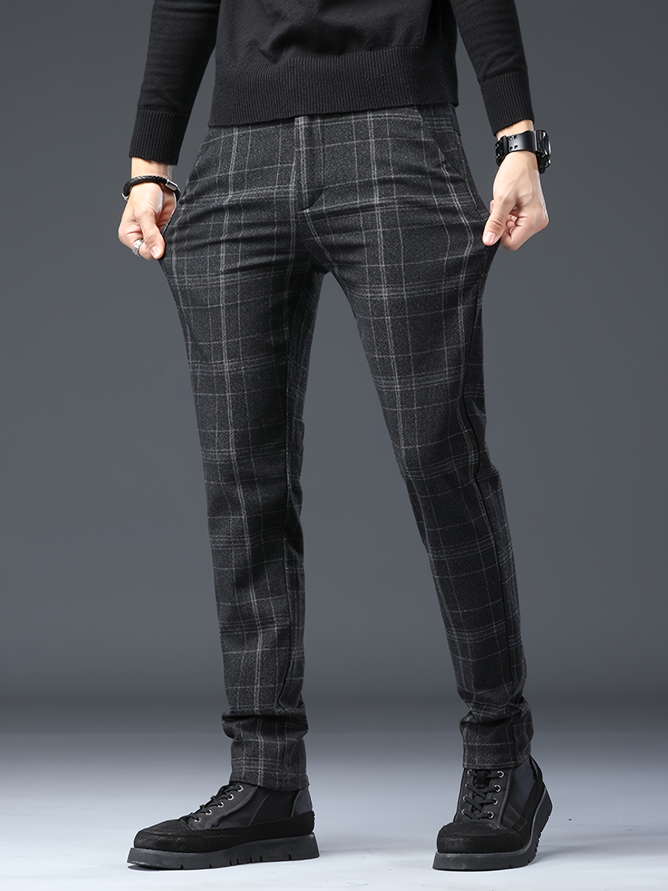 mens   fit straight leg plaid pants brushed stretchy comfortable stylish new   for autumn and winter Product details 0