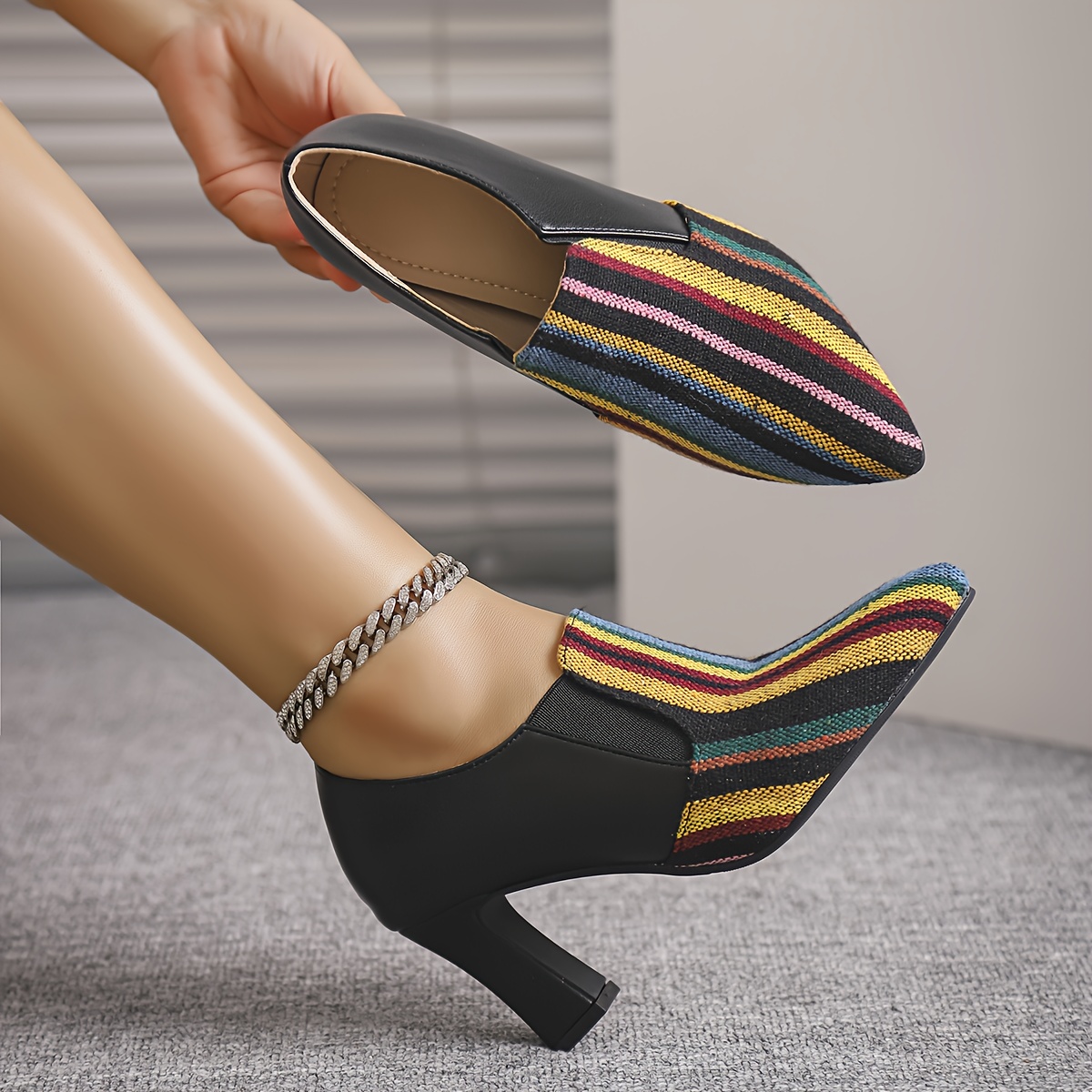 Women's Retro Chunky High Heel Mary Jane Shoes - Pointed Toe with Multicolor Striped (Rainbow/Black) Faux Cover Upper, Comfortable Block Heel & TPU Sole, All-Season Versatile Dress Shoes for Casual & Formal Events