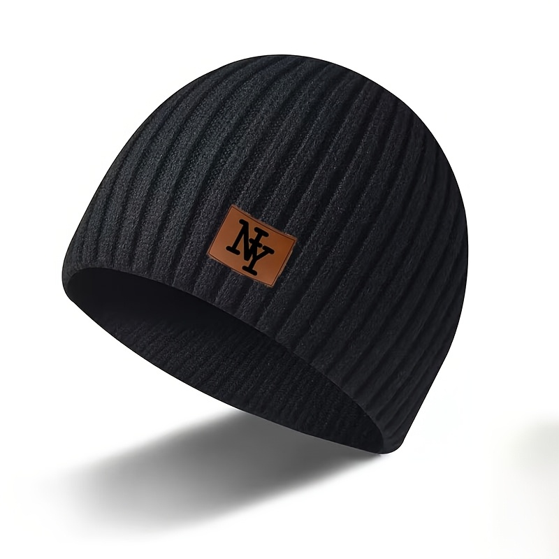 TEMU 1 stuk NY geribbelde kabelbeanie met label, unisex herfst/winter outdoor modekleding, warme winddichte oorbeschermingsmuts, kleur losvallende