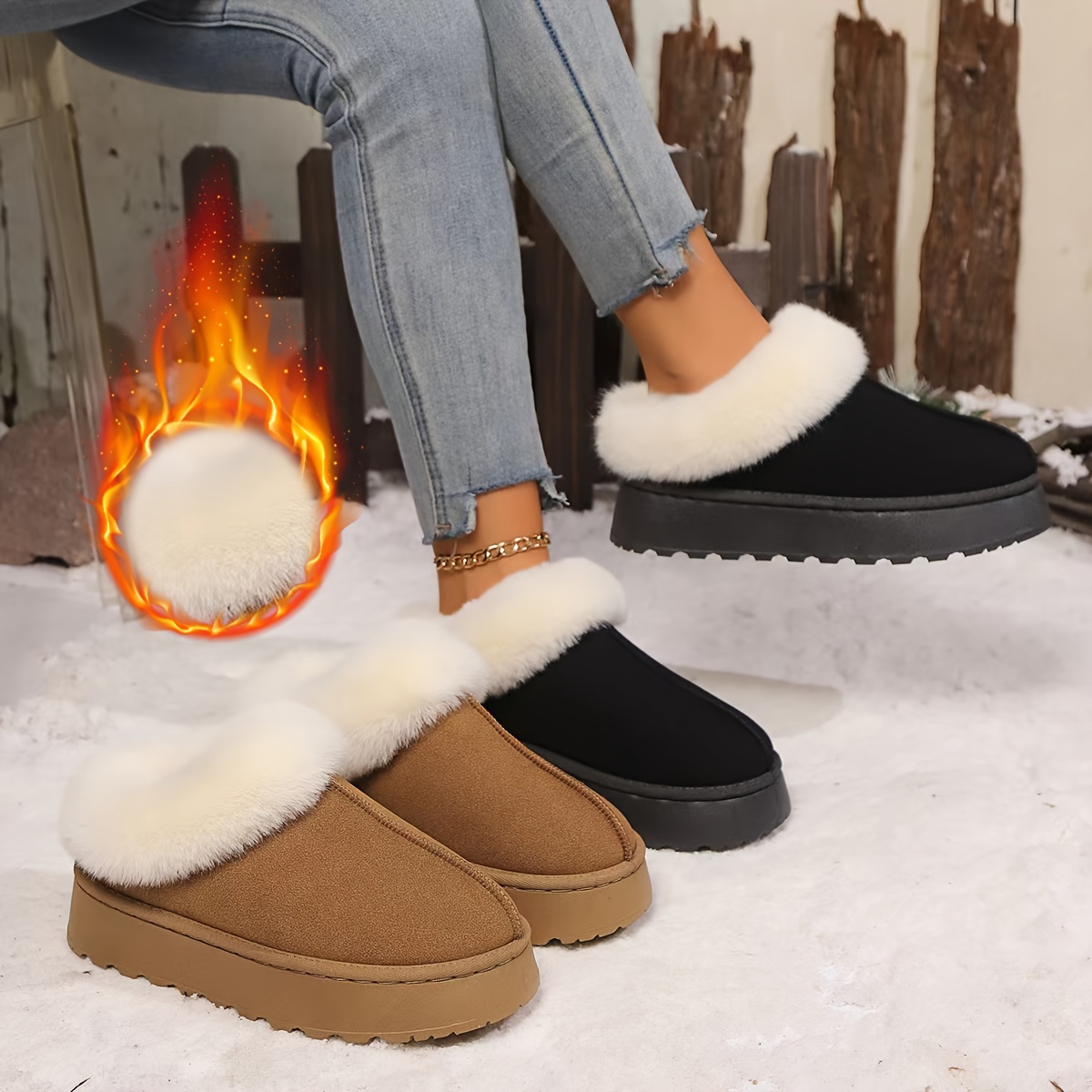 

Women's Flannel-lined Flat Heel Ankle Booties - Round Toe Snow Boots With Fur Trim Pull-on Closure Solid Color Comfort Footwear