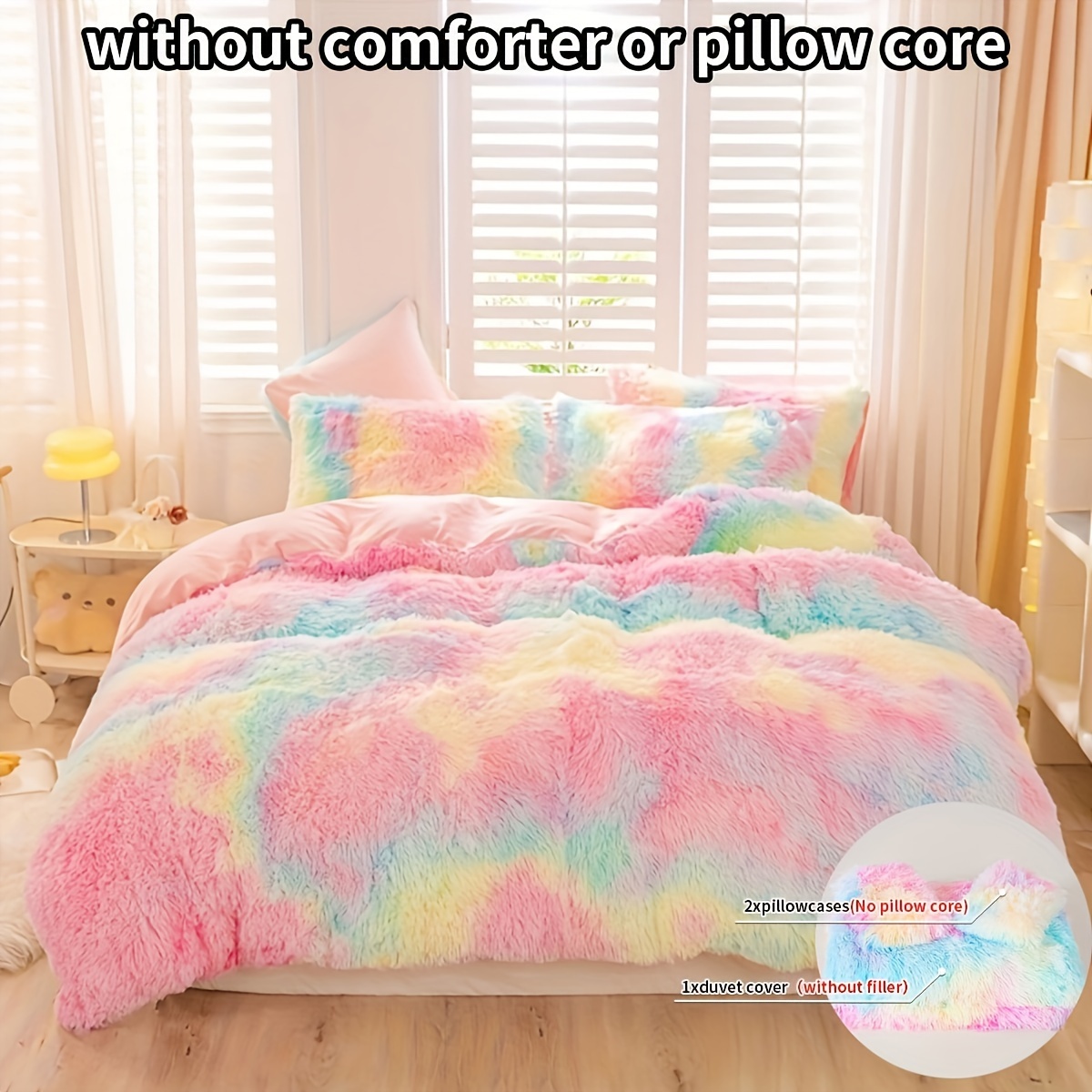 

3pcs Colorful Polyester Long Plush Duvet Cover Set, Includes 1 Duvet Cover (without Filler) And 2 Pillowcases (no Pillow Core) - Cozy And Vibrant Shaggy Bedroom Decor