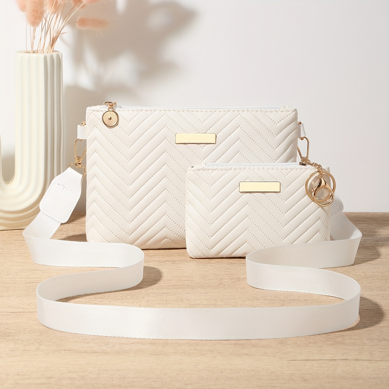 Two-piece Set Of Women's New Fashionable Embossed Woven Multi-functional Crossbody Bag, Shoulder Bag, Clutch, Detachable Strap With Secure Zipper