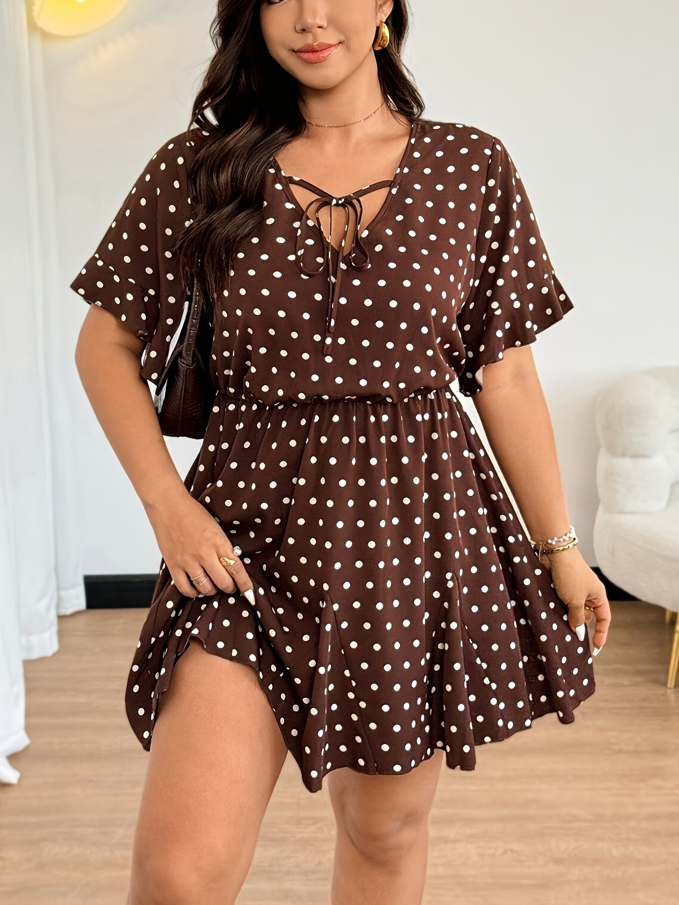 brown and white polka dot dress plus size Unique Vintage Plus Size Navy & White Polka Dot Ricardo Swing Dress main image 1