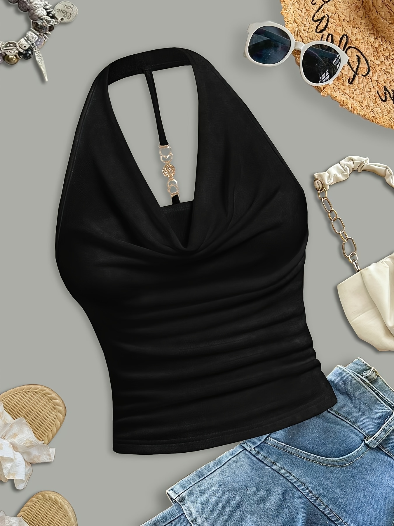 womens elegant and fashionable halter neck camisole with draped collar a   fit figure flattering and   solid color sleeveless top