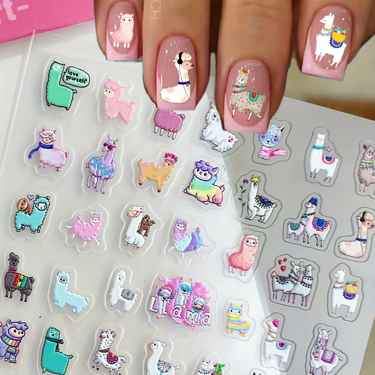 

Cartoon Llama Nail Art Stickers & Decals Set, 3d Embossed Pu Self-adhesive For Manicure, Diary, Phone, Laptop Diy Decoration – Glossy Finish, Embroidered Detail, Single Use – Diverse Shapes, Unscented