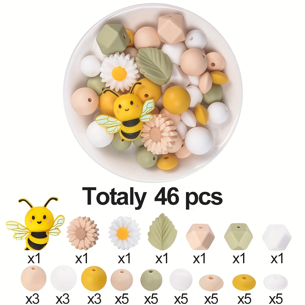 Image of 46pcs Vibrant Silicone Beads Set, Daisy Bee Beads With Round Hexagon Spacer Beads For Jewelry Making Kit, Diy Charm Bracelet, Keychain, Id Lanyard, Cute Gift For Women Teens