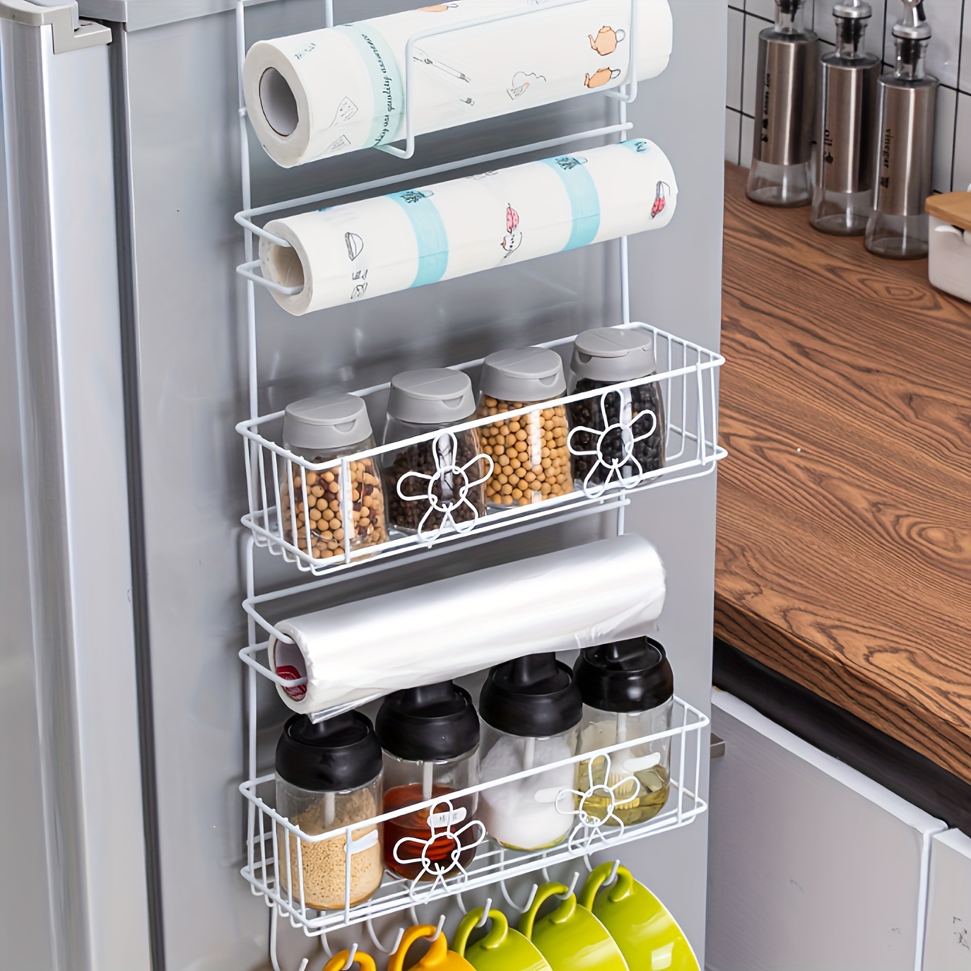 

Hanging Storage Rack With Hooks: Spice Storage, Kitchen Accessories, Space-saving Refrigerator Side Hanger