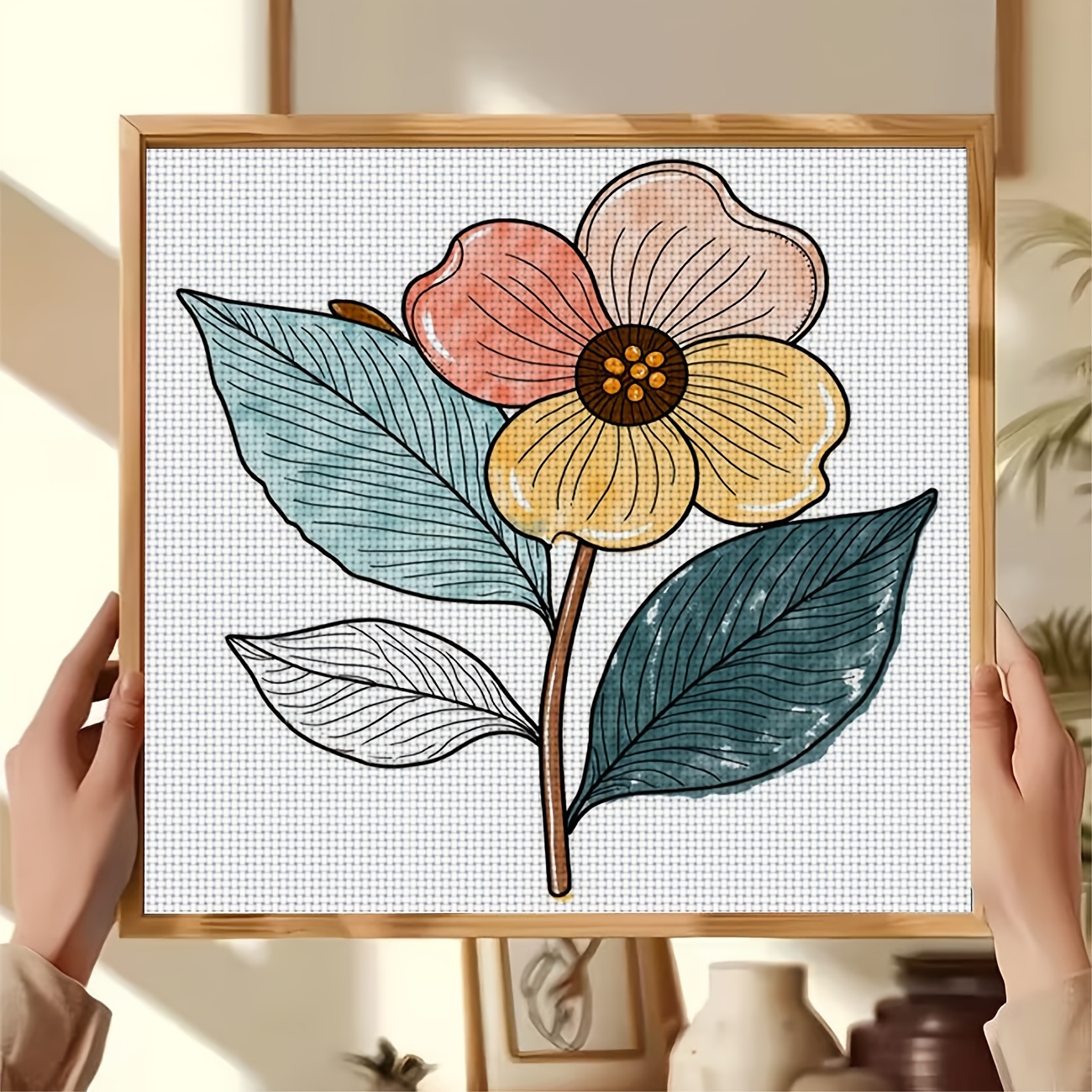 Frameless Cross Stitch Printed Kit, Colorful Flowers and Green Leaves Pattern