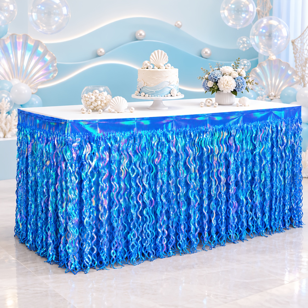TEMU 1pc Wave Tassel Table Skirt, 275 X 75cm (108.27 X 29.53 Inches), Iridescent Metallic Foil Table Edge Decoration, Theme Birthday Party Wedding