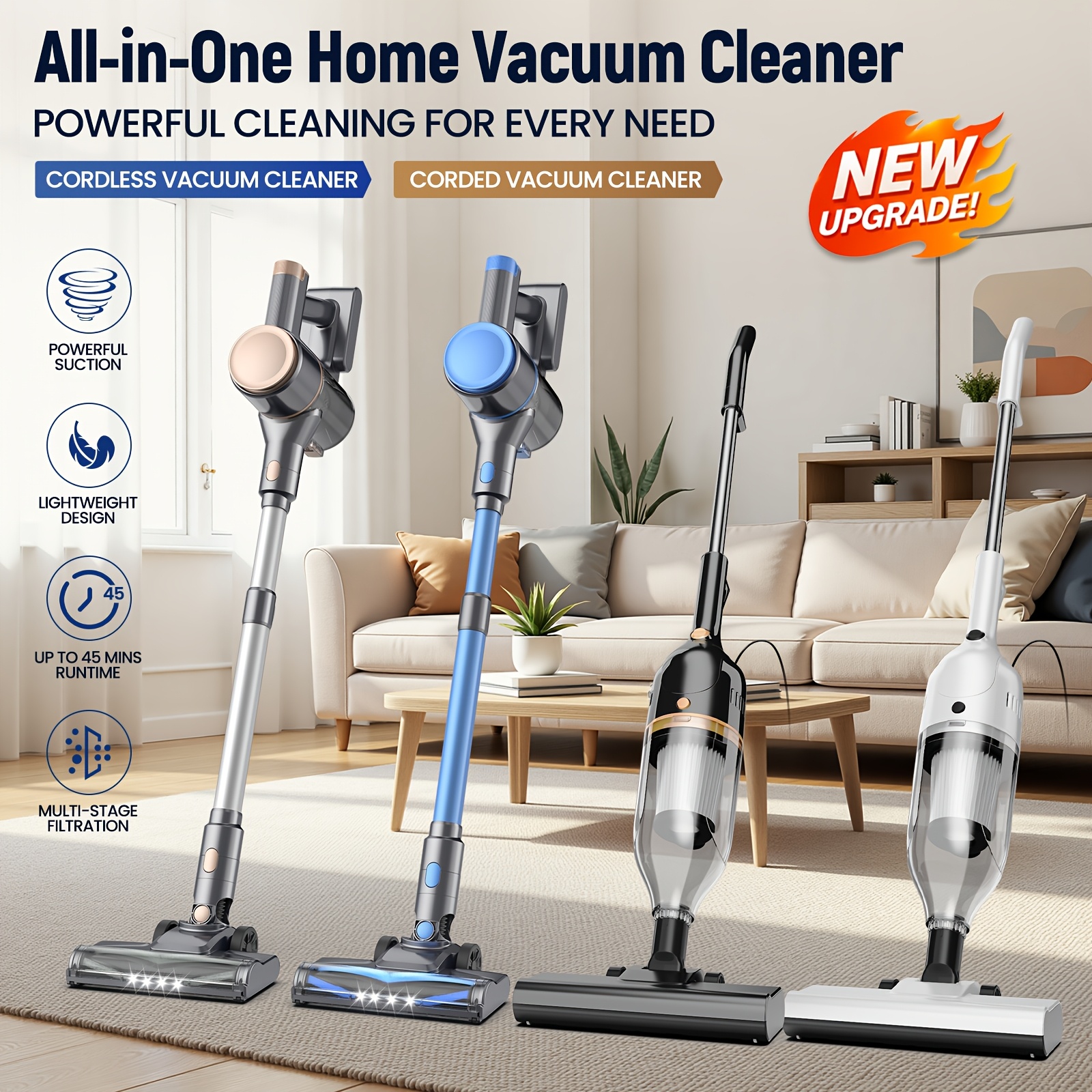   32 45 kpa corded cordless home vacuum cleaner all in one upright vacuum cleaner lightweight and     5 stage filtration system suitable for hardwood floors pet hair cars and more
