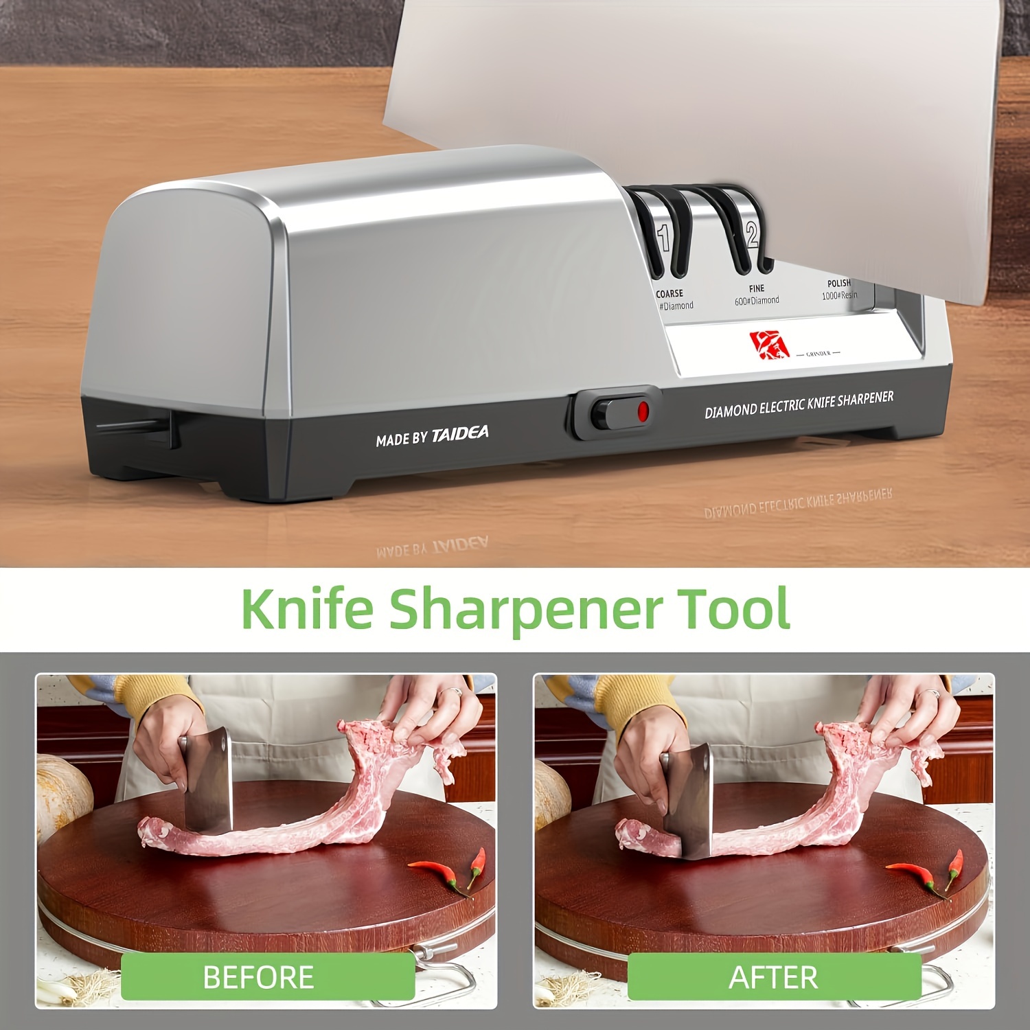 Professional Electric Knife Sharpener: 3-Stage System for Kitchen Knives And Ceramic Knives - Fine Soft Angle Grinding with Diamond Abrasives - 120V, 120# Diamond, 600# Diamond, 1000# Resin Polish - Suitable for Straight Blades - Made by GRINDER 12 Professional Electric Knife Sharpener: 3-Stage System for Kitchen Knives And Ceramic Knives - Fine Soft Angle Grinding with Diamond Abrasives - 120V, 120# Diamond, 600# Diamond, 1000# Resin Polish - Suitable for Straight Blades - Made by GRINDER