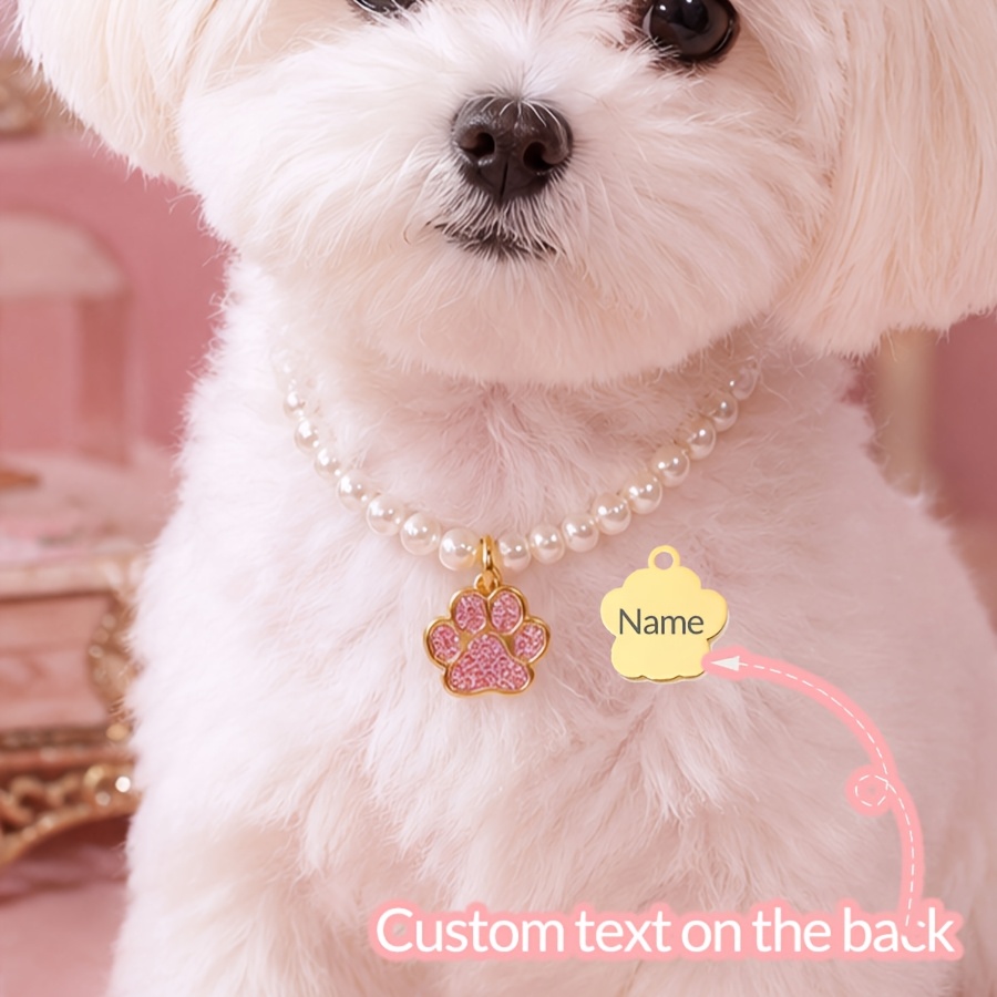 Personalized Imitation Pearl Pet Collar with Engraved Paw Print Pendant