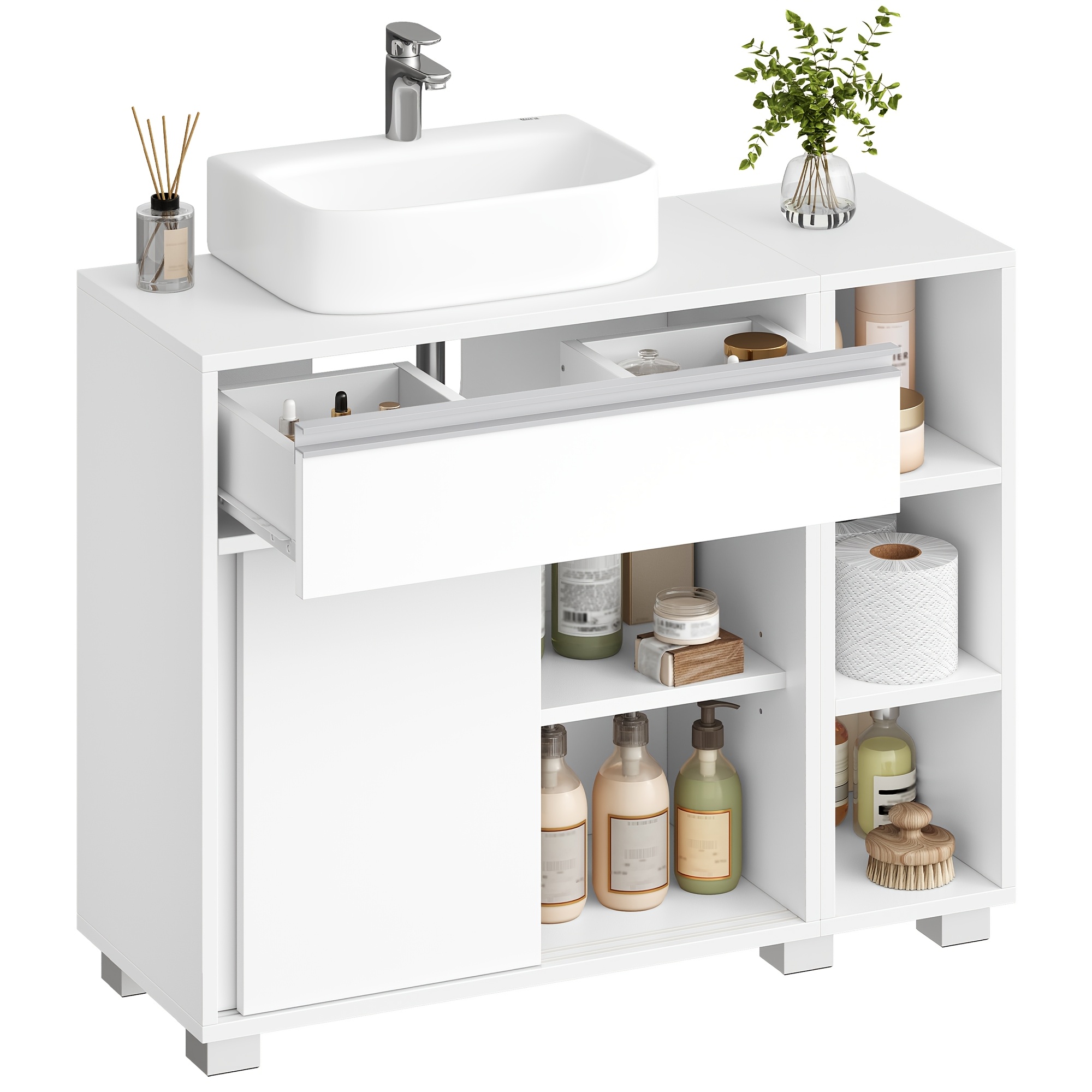 Bathroom Vanity Unit, 1 Drawer, 2 Cabinet Doors And 3 Open Shelves, Bathroom Cabinet With Feet, Adjustable Shelf, Bathroom Furniture, White, 30 X 80 X 63cm