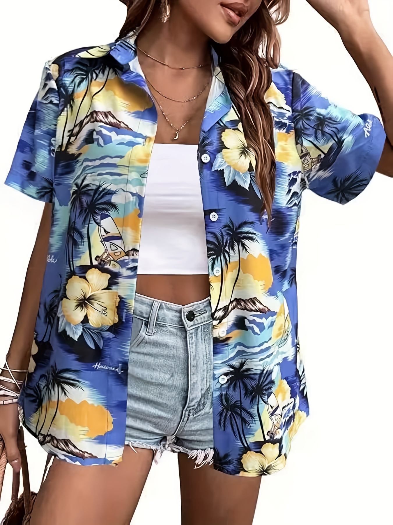 new summer womens casual   tropical hawaiian   floral print short sleeve lapel shirt