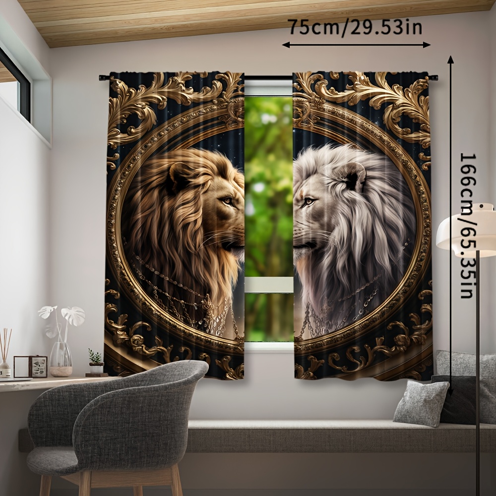 TEMU 2pcs, Decorative Lion Print Curtains, Rod For Living Room, Bedroom, And Office Privacy Enhancement