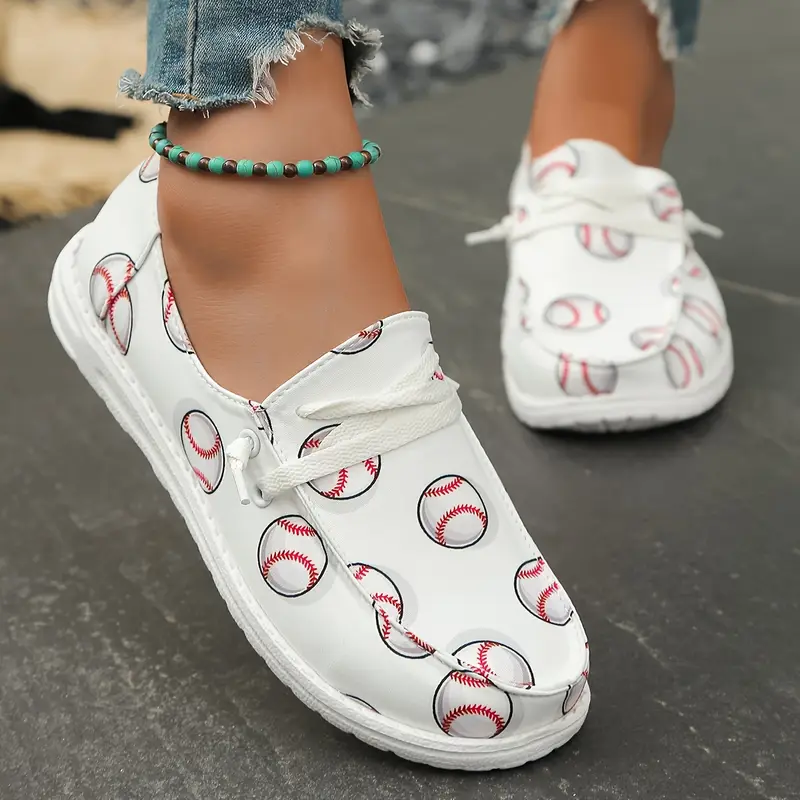 Women's Baseball-Themed Slip-On Sneakers Breathable Fabric Upper Lining, Red Black Baseball Stitching Design, PU Sole for Casual