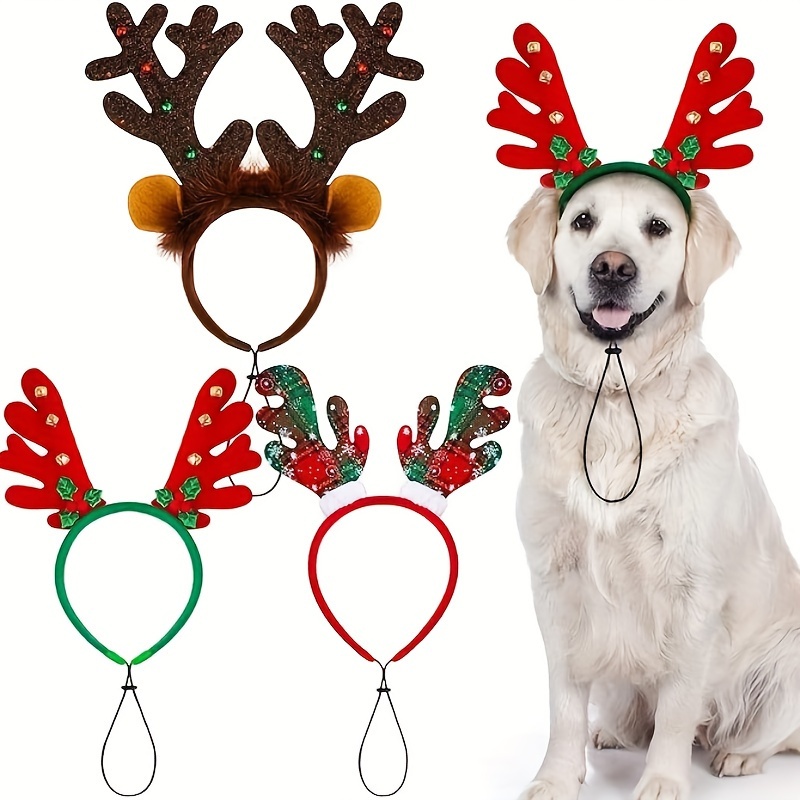 

Christmas Reindeer Antlers Dog Headband - Pet Accessory For Small To Medium Breeds, Knit Fabric, Polyester, Ties On Style, Holiday Dog Apparel