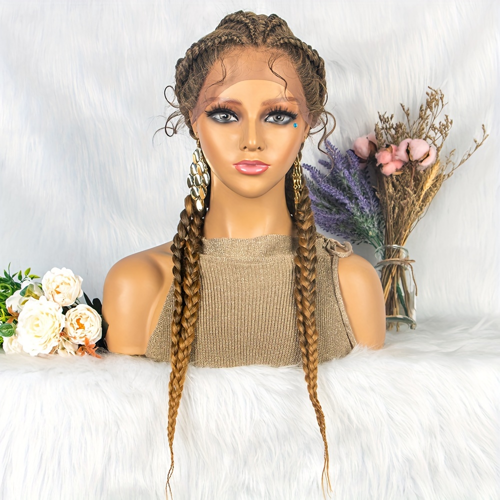 34 Braided Lace Front Wig With Baby Hair Brown Twist Braided Double Dutch  Wigs