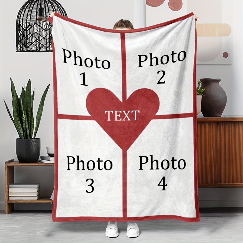 Personalized Photo Heart Pattern Flannel Blanket - Gift for Family