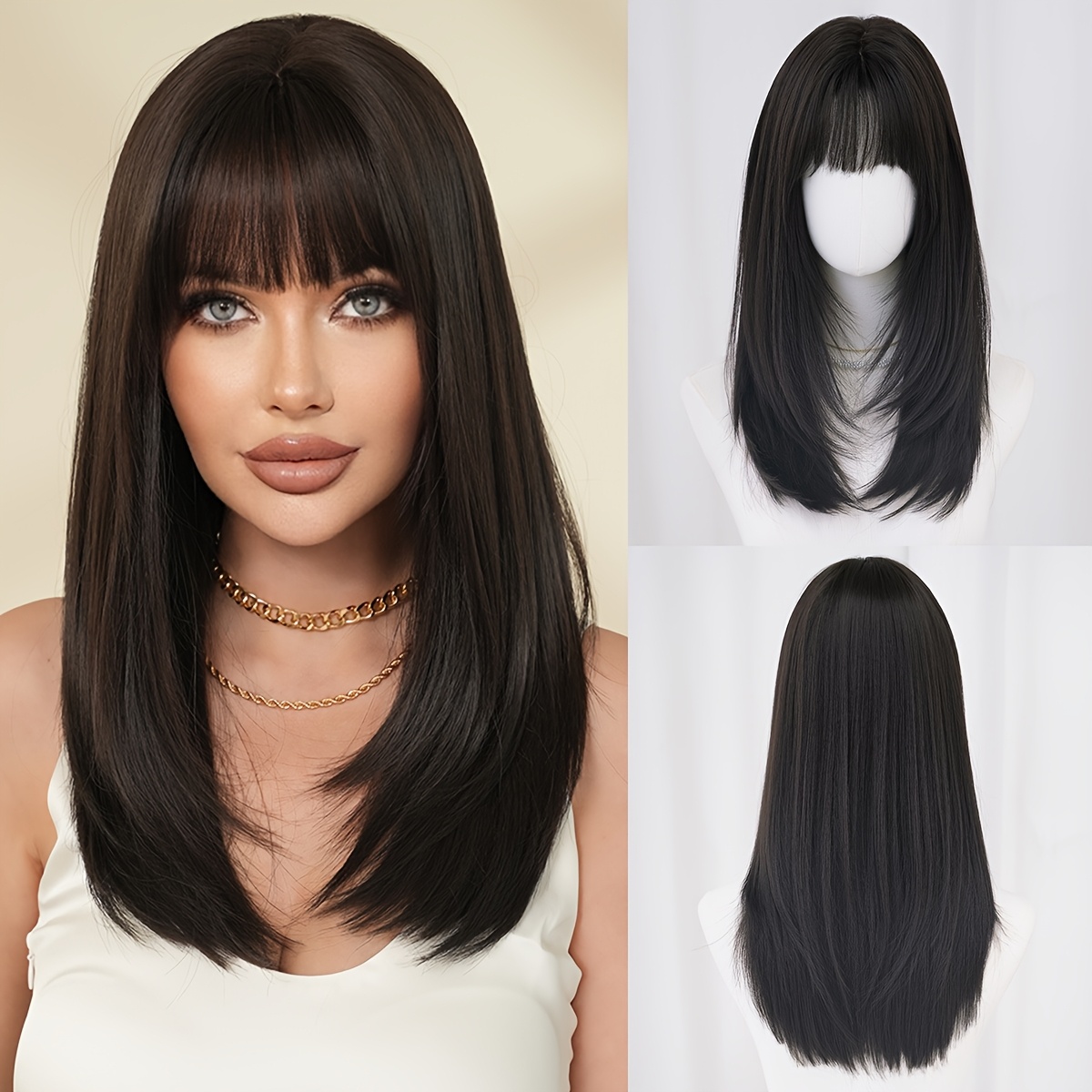 Image of Long Brown Wig With Bangs High Layered Routine Wigs For Women Daily Party Use Heat Resistant Synthetic Wigs 21.65 Inches