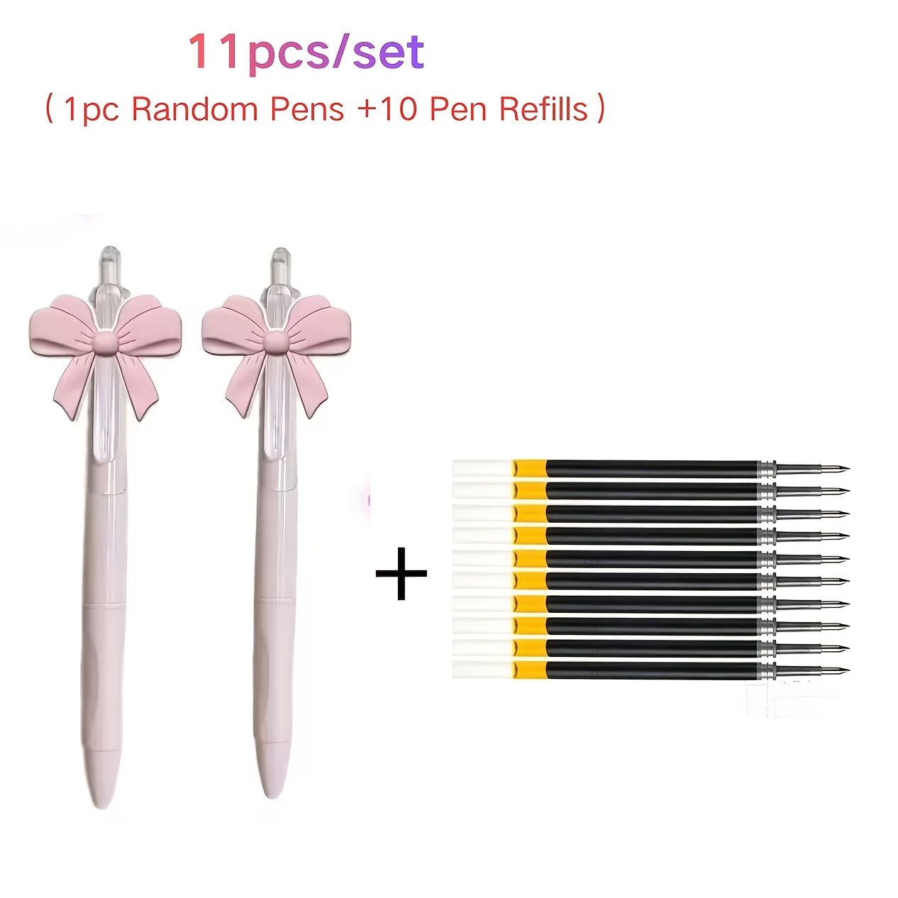 TEMU Ensemble de 11 stylos gel à bouton-poussoir avec nœud rose, comprenant 1 stylo aléatoire + 10 recharges de stylo, stylo cadeau élégant pour