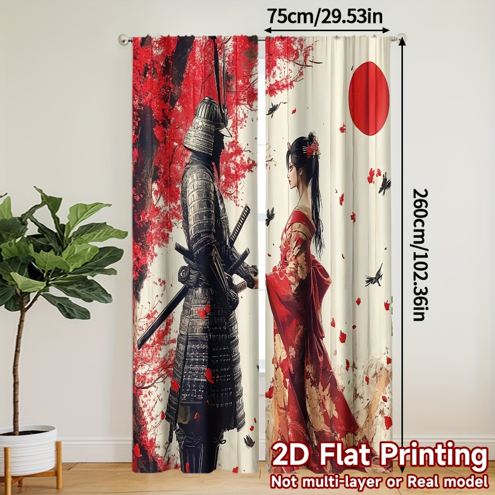 TEMU 2 pezzi, Tende 2D a stampa piatta Tema Giapponese e Geisha con Ciliegio in , Poliestere, per Soggiorno, Camera da Letto, Studio, Sala da - per