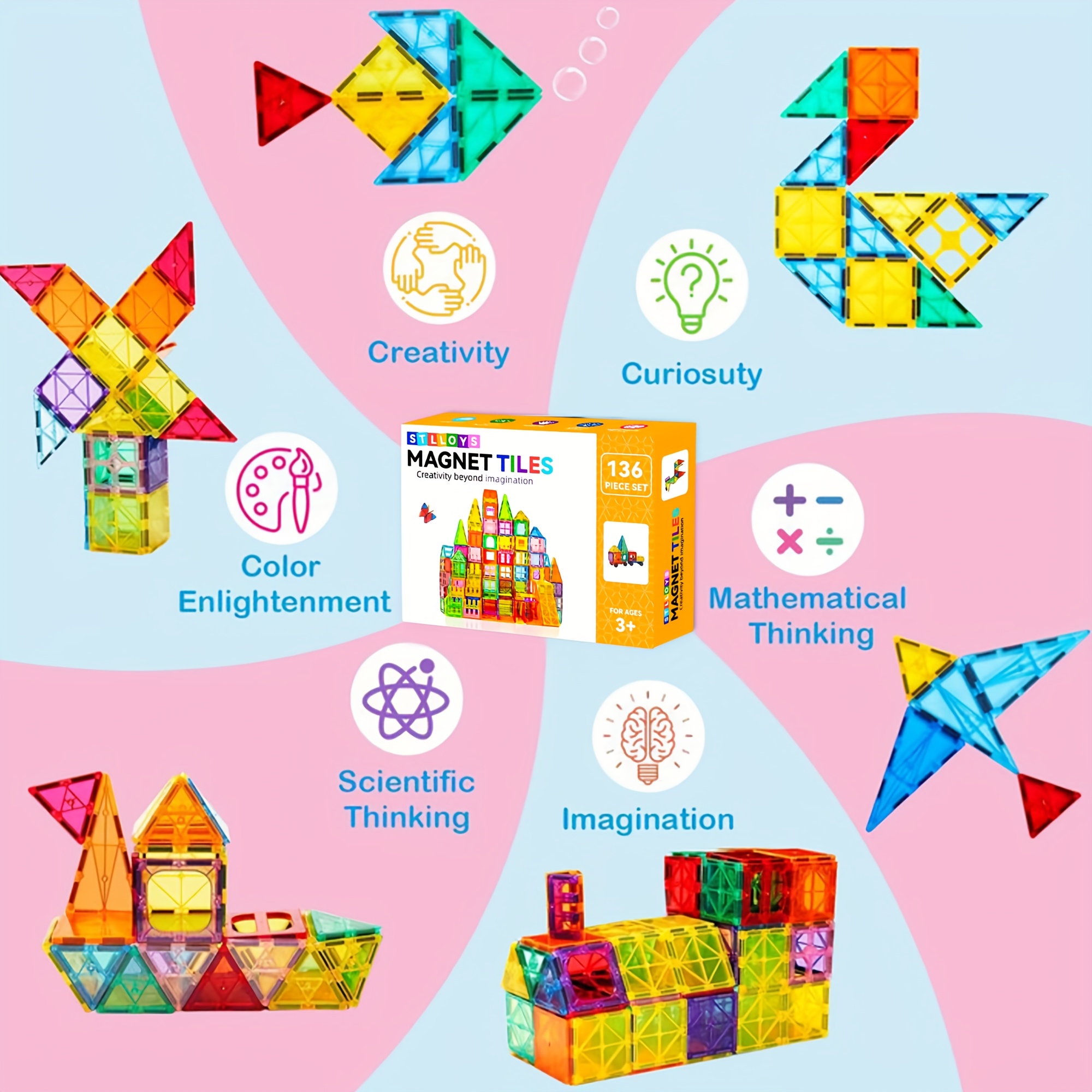 136/106pcs Magnetic Blocks With 2 Cars, Magnetic Tiles Kids Toys, Magnet Tiles 3D Clear Building Blocks Set, STEM Sensory Educational Toys, Birthday Gift For Kids Boys Girls 3 4 5 6 7 8 9+ Year Old