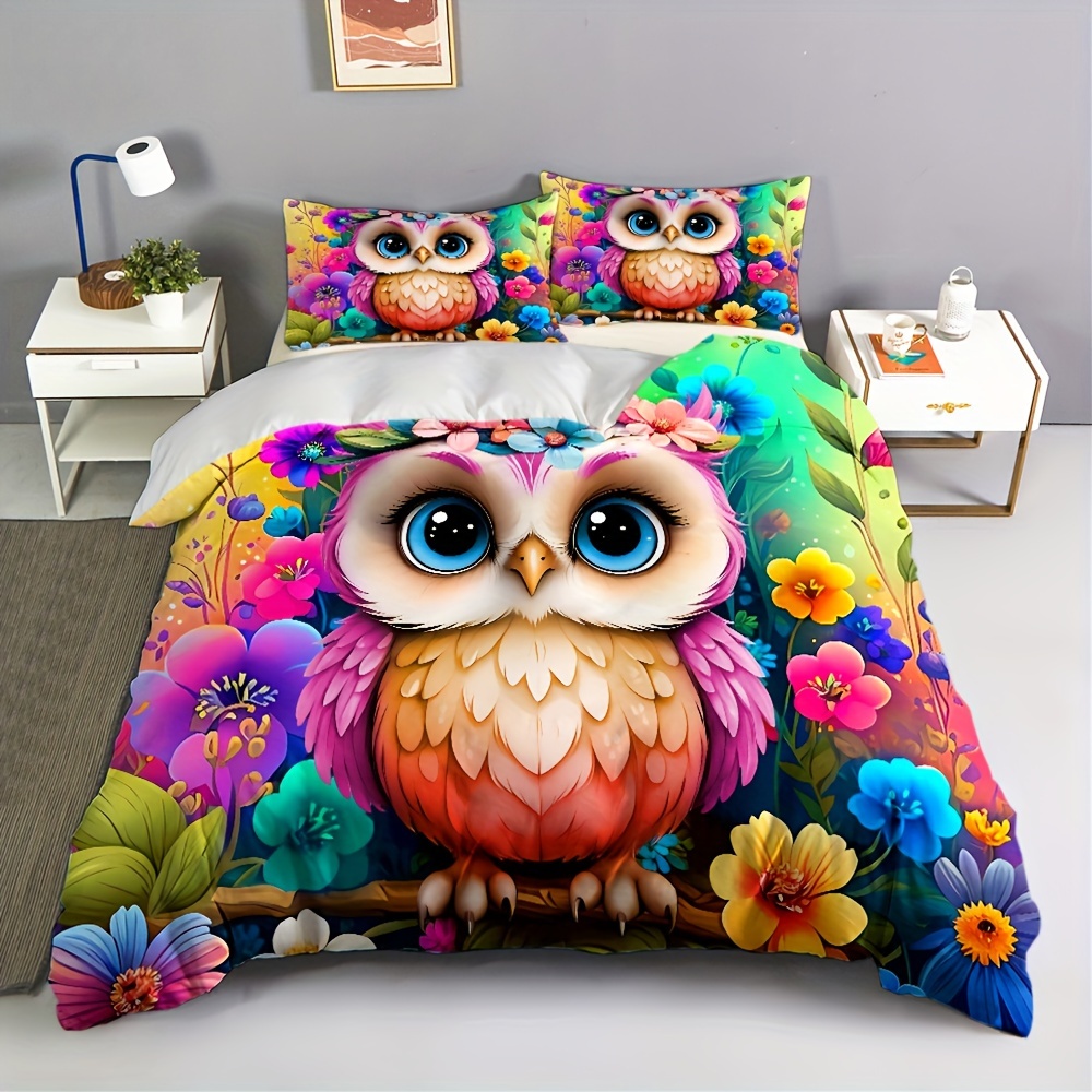 Image of [2d Flat Printing] 2/3pcs Duvet Cover Set (1 Duvet Cover + 1/2 Pillowcase,without Core),2d Cartoon Cute Owl Printed Bedding For Bedroom And , 2d Flat