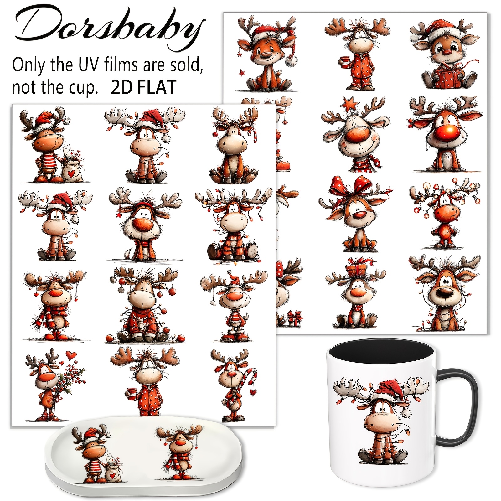 Image of 2pcs/set Funny Christmas Reindeer Rub On Transfers For Crafting , Uv Dtf For Glassware, Aesthetic For Laptop Covers, Suitcases & Planners ( Transfer Paper)