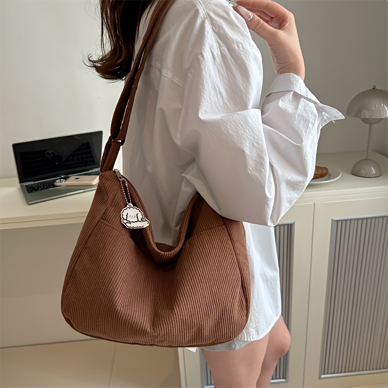 

Women's Corduroy Shoulder Bag, Large Capacity, Zipper Pocket, Casual Crossbody Bag, Polyester Lining, Striped Pattern, Suitable For Daily Use - In White, Black, Pink, Khaki And Brown