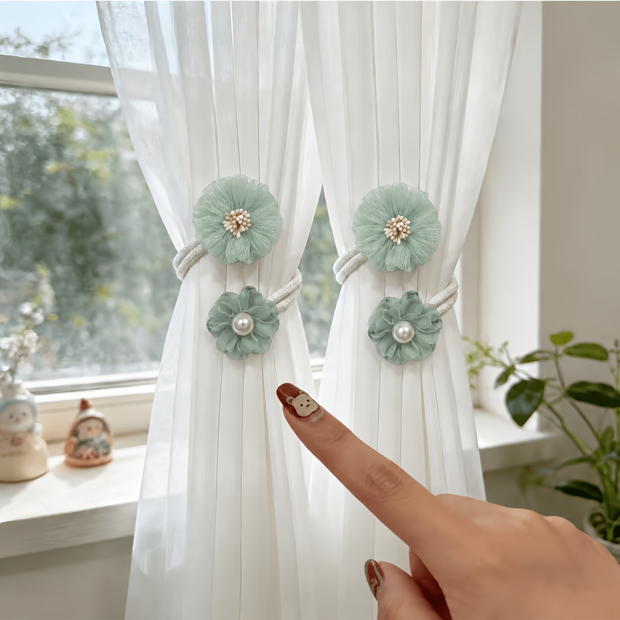 Image of 2pcs Curtain Tiebacks, Faux Pearl Floral Yarn Curtain Holdbacks, Curtain Ties, Curtain Fasteners, Suitable For Living Room Home Decor